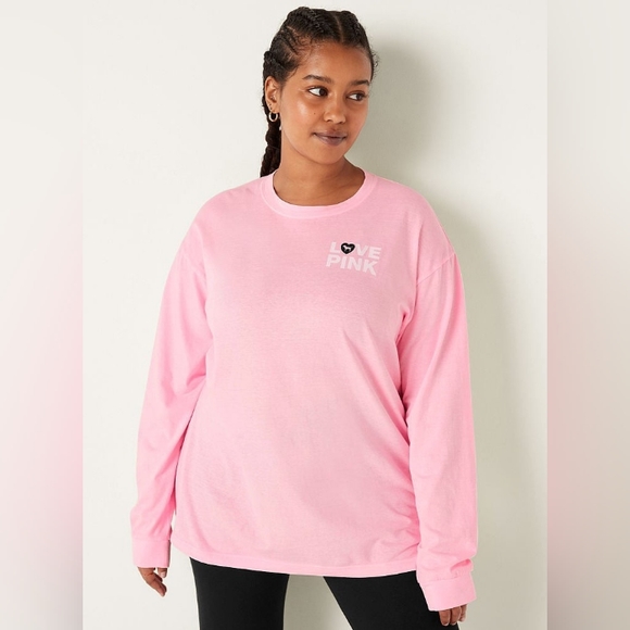 VS PINK Originals Sweet Rosette Long Sleeve Campus Crew Tee Oversized Medium NEW - Picture 6 of 9